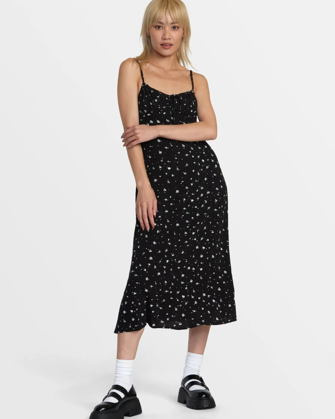 RVCA CAFE MIDI DRESS Black Multi Clearance