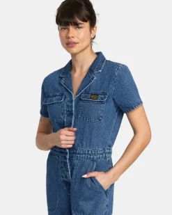 RVCA DAYSHIFT DENIM JUMPSUIT Blue Rinse Best