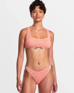 RVCA GROOVES STRIPE HIGH LEG FRENCH BIKINI BOTTOMS Fusion Coral New