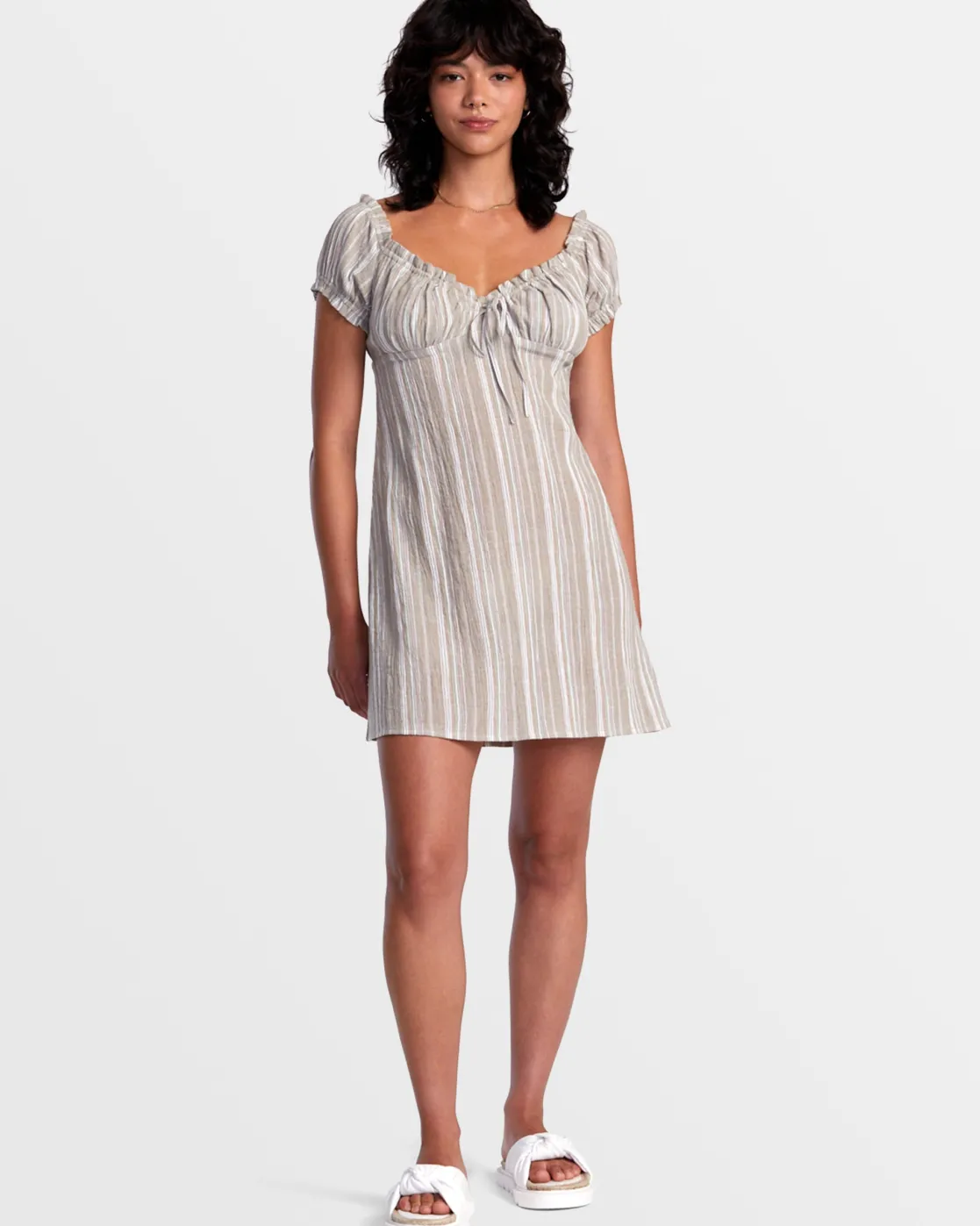 RVCA LEILAH STRIPED MINI DRESS Dark Khaki Sale