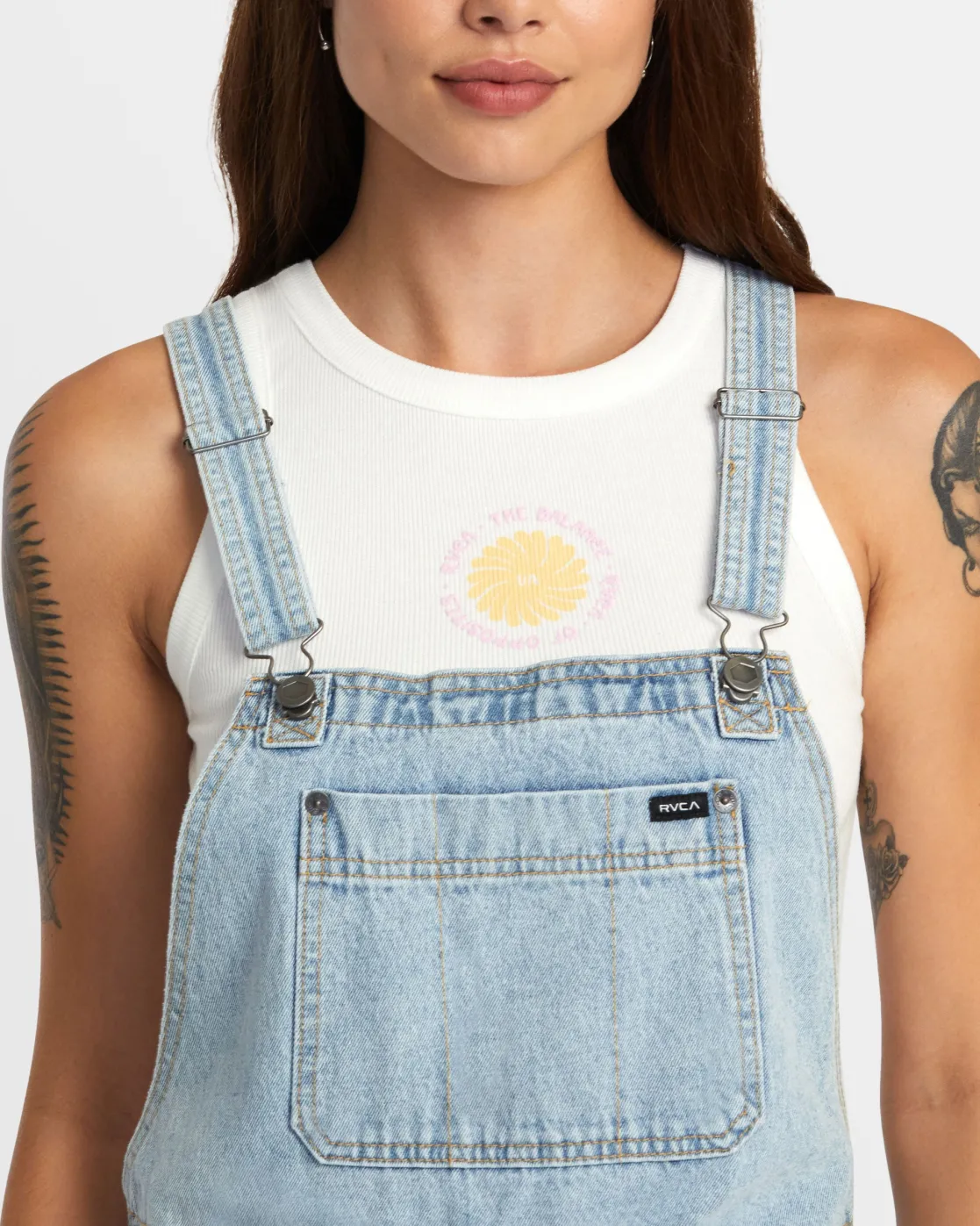 RVCA SUCCESSION SHORT DENIM OVERALLS Bleached Indigo New